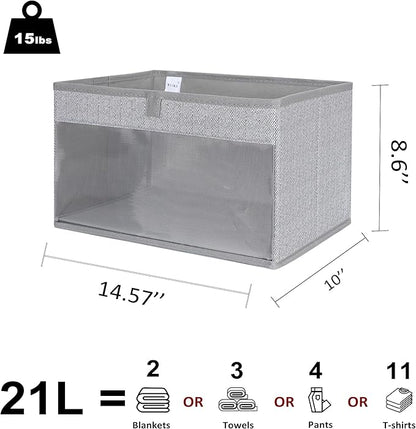 WUIKE Closet Storage Bins, Large Fabric Storage Baskets with Clear Window, Foldable Organizer for Clothes, Shelves, Herringbone Gray, 3 Pack