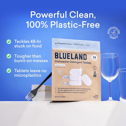 BLUELAND 100% Plastic-Free Dishwasher Detergent Tablets, Starter Set, 60 Count with tin, Free & Clear, Eco-Friendly Dishwashing Pods, Natural, Sustainable