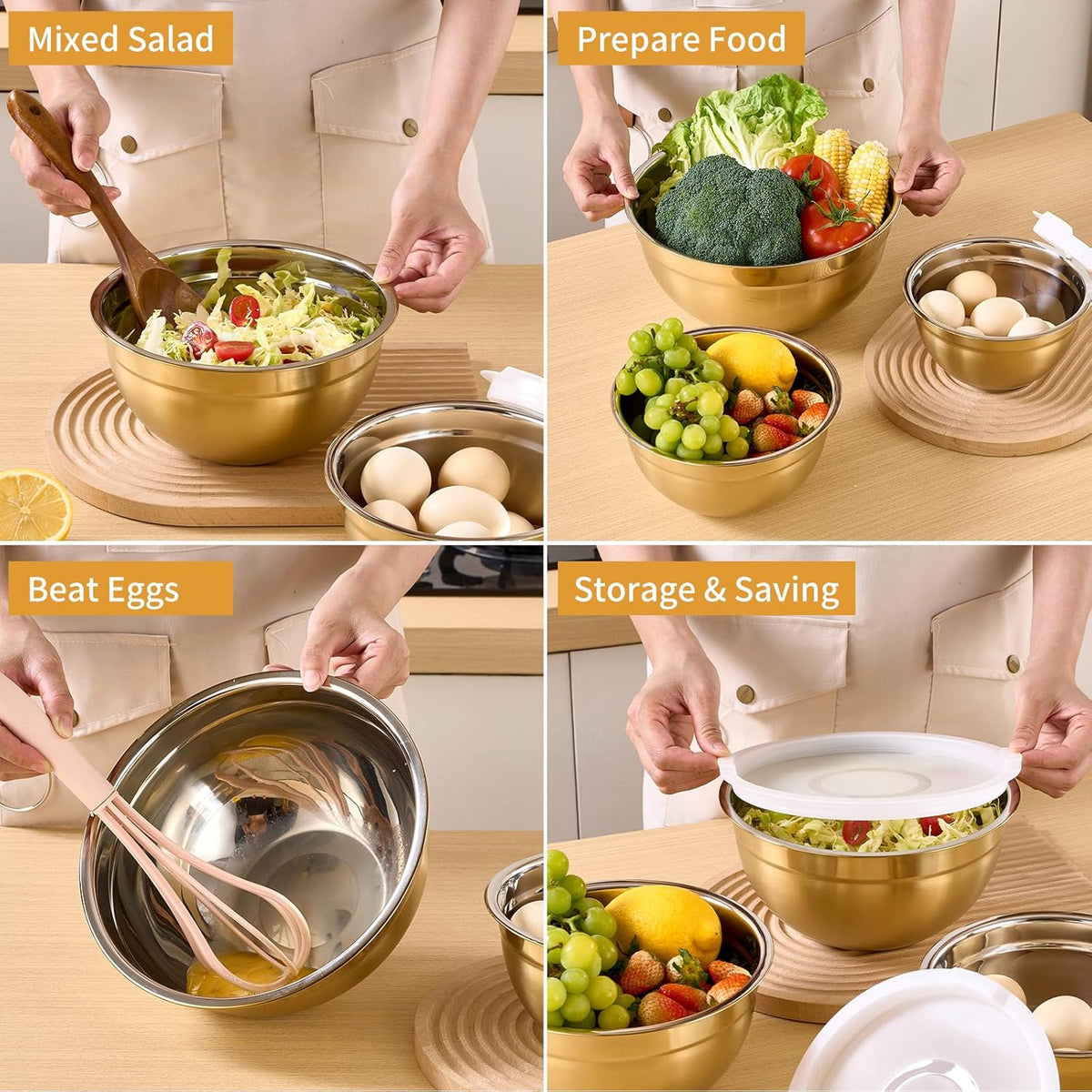 Gold Mixing Bowls With Airtight Lids,Stainless Steel Bowl,Salad Bowls 5 Piece Colorful Nesting Bowl Gold Kitchen Accessories,Size 5.5,3.6,2.7,2.1