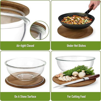 Set of 5 Nesting Glass Bowls with New Updated Acacia Lids for Foodprep, Storage, Mixing & Cooking - Microwave & Oven-ready BPA Free Durable Heat Resistant Inert Borosilicate Glass