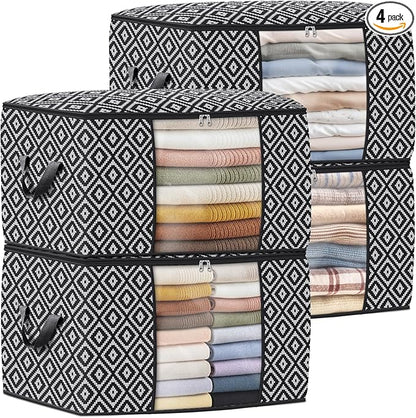 StorageTastic Direct 100L, 4 Pack, Storage Containers, Large Clothes Storage Bins Foldable Organization and Storage Bags with Reinforced Handle, Clear Window for Bedding, Blankets, Clothing, Black