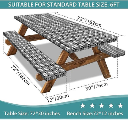 Picnic Table Cover with Bench Covers and Bag, Camping Essentials, Buffalo Plaid Waterproof and Windproof, Fitted Tablecloth Cover with Elastic Edge, for Outdoor, 3 PCS, (Black & White, 30"x72")