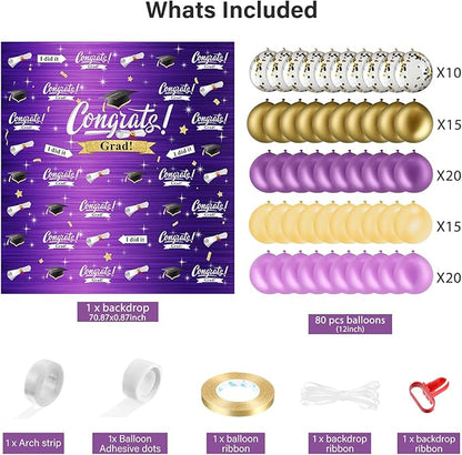 Graduation Party Decorations Including Congrats Grad Photography Backdrop Banner Balloons Garland Arch Kit for Adults Kids Grad Party Decoration Supplies (Purple and Gold)