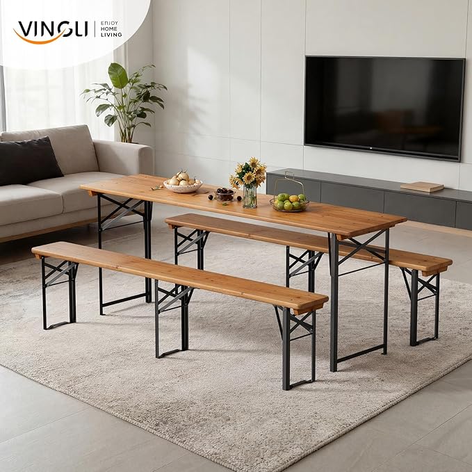 VINGLI 70 Inch Folding Picnic Tables with Benches Set, Weather-Resistant Wooden Beer Garden Table Bench, 3-Piece Portable Fold Up Camping BBQ Table,Walnut Color