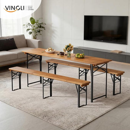 VINGLI 70 Inch Folding Picnic Tables with Benches Set, Weather-Resistant Wooden Beer Garden Table Bench, 3-Piece Portable Fold Up Camping BBQ Table,Walnut Color