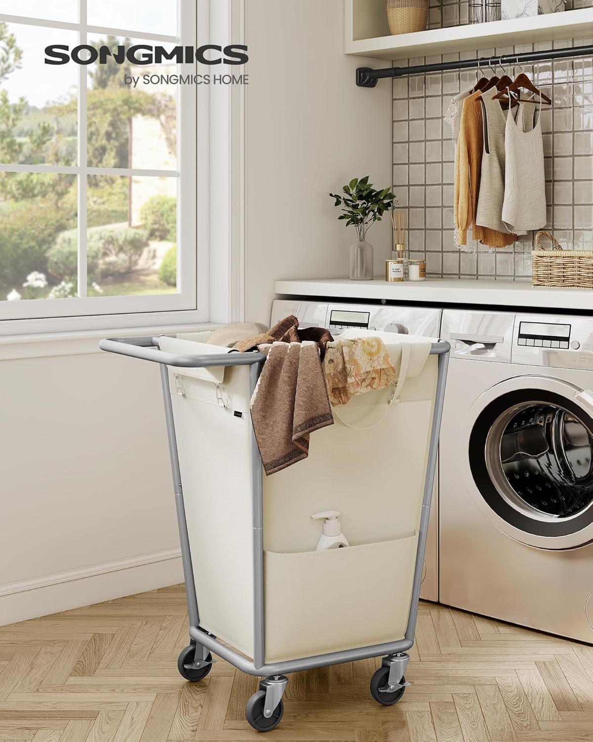 SONGMICS Laundry Basket with Wheels, 34.3 Gallons (130 L) Rolling Laundry Hamper with Removable Bag, Heavy-Duty Steel Frame with Handle, Cream White URLS008W01
