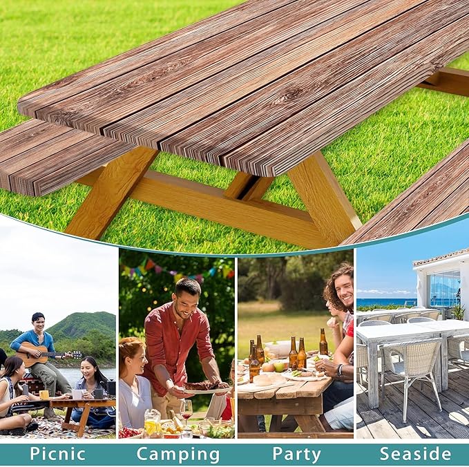 Picnic Table Cover with Bench Covers Camping Essentials Farmhouse Outdoor Table Covers Wood Grain Waterproof Windproof Fitted Tablecloth Cover with Elastic Edge for Indoor & Outdoor 3 PCS 30x96 Inch