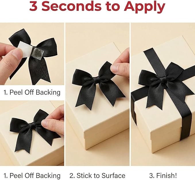Black Gift Wrap Bows – 50pcs 3.3 Inch Elegant Satin Bows for Gift Wrapping, Wedding Decor, Baby Shower, Party Decorations, Birthday, Easter, Christmas, Anniversary, DIY Crafts, Gift Bags