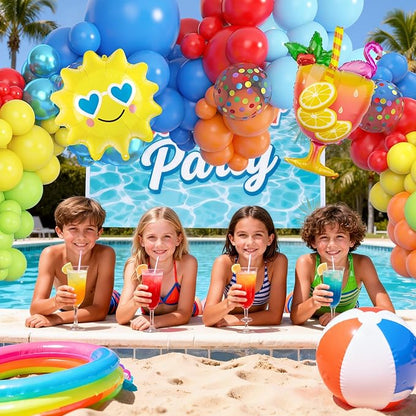 Amandir 165Pcs Summer Beach Pool Party Balloons Decorations Splash Tropical Balloon Arch Garland Kit, Foil Wine Glass Sun Colorful Balloons for Hawaiian Luau Holiday Swimming Birthday Party Backdrop