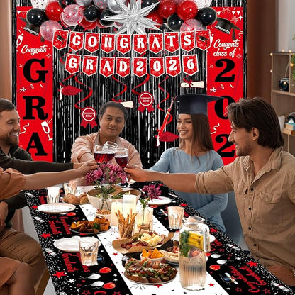 Graduation Decorations 2026, Red and Black Grad Decorations Class of 2026, Graduation Party Decorations with Congrats GRAD 2026 Banner Tablecover Balloons for High School Senior Nurse College
