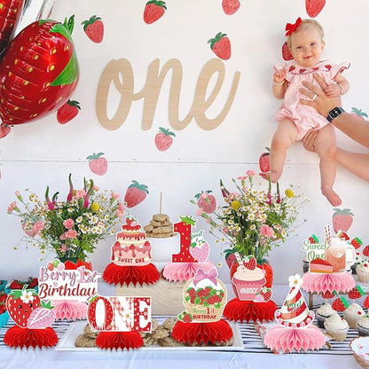 Berry First Birthday Decor - 9PCS Sweet One Birthday Party Decorations Cute Strawberry 1st Birthday Decorations Berry First Birthday Party Table Centerpiece Decor Supplies Baby Girls
