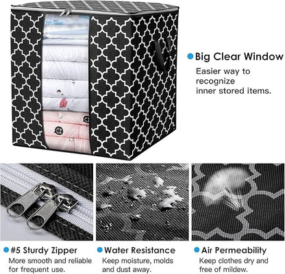 WISELIFE Storage Bags 6 Pack/100L Large Blanket Clothes Organization and Storage Containers for Comforters,Bedding, Foldable Organizer with Reinforced Handle, Clear Window, Sturdy Zippers,Black