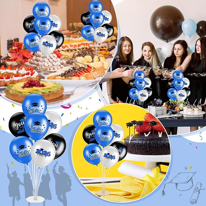 4 Set Graduation Party Balloon Stand Kits for Table Centerpieces Balloon Tables Holders with Congrats 2026 Graduation Party Decorations for School College Photo Props(Blue)