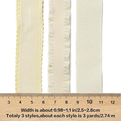 BEEFLYING 3 Styles Yellow Wire Edged Ribbons for Gift Wrapping, 25~28mm×2.7m Fabric Ribbons Strip Ribbons for Wedding Party Decoration Hair Bows Flower Bounquet Sewing and Craft, 9 Yards