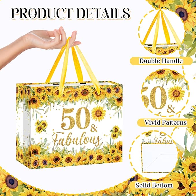 50th Birthday Gift Bag for Women Sunflower 50 and Fabulous 50th Birthday Bag with Wrapping Paper and Card Sunflower 1976 Birthday Gift Wrap Paper Bags for Mom 50 Years Old Bday Anniversary Supplies