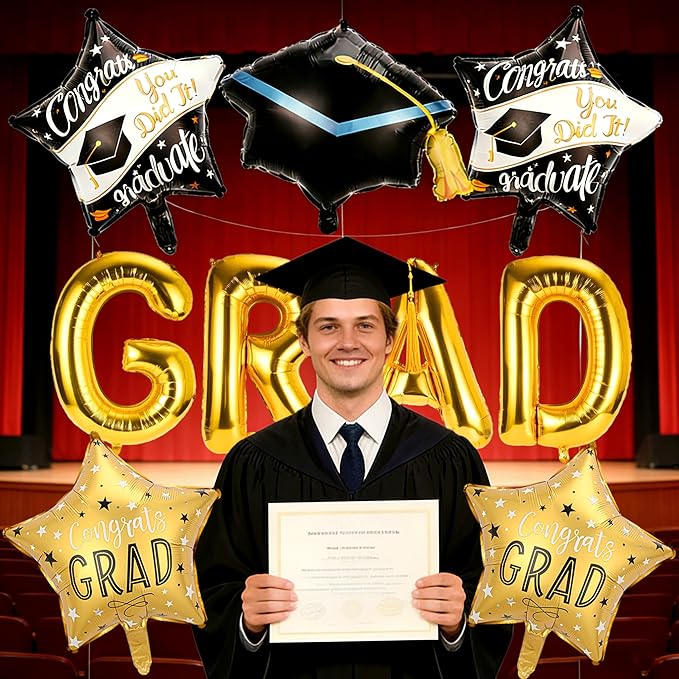 Graduation Balloons - Gold Letter Grad Balloons Graduation Cap Balloon Grad Cap Balloon Graduations Foil Balloons Class for 2026 Graduation Party Decorations