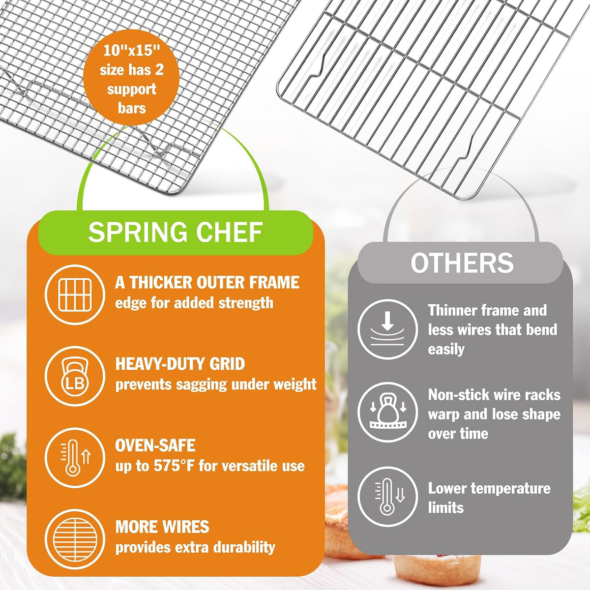 Spring Chef 10" x 15" Stainless Steel Cooling Rack for Cooking &amp; Baking | Heavy Duty Cookie Cooling Rack for Kitchen, Oven Safe Wire Rack for Baking, Fits Jelly Roll Pan, Dishwasher Safe
