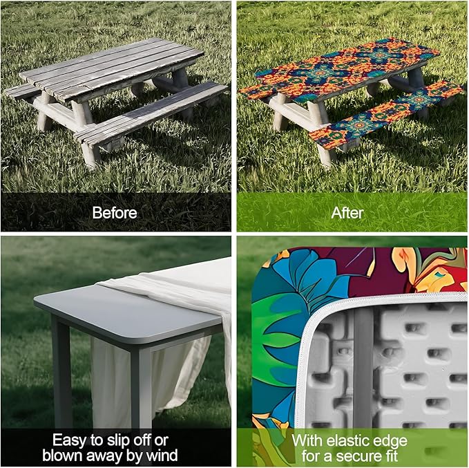 Ornate Geometric Picnic Table Cover with Bench Covers Set of 3-Multicolor Symmetrical Design,Elastic Fitted Tablecloth for 6 Ft Tables, Washable Polyester Cover for Camping, Indoor & Outdoor
