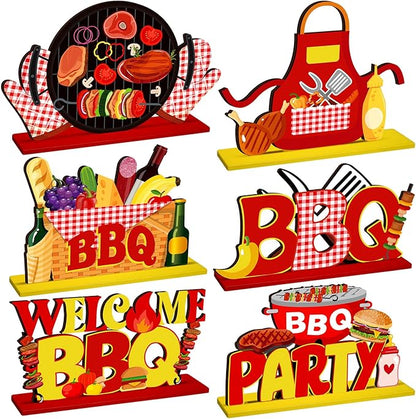 Pickmesh 6 Pcs BBQ Wooden Table Centerpieces BBQ Wood Tabletop Signs Barbecue Themed Party Decorations Home Decoration Birthday Baby Shower Decorations for Summer Carnival Party Picnic Supplies