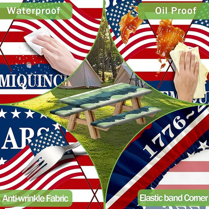 250th Anniversary America Flag Picnic Table Cover with Bench Covers Camping Essentials 250 USA Flag 1776-2026 Waterproof Fitted Camping Tablecloth Cover with Elastic Edge for Outdoor 3 PCS 30x72 Inch