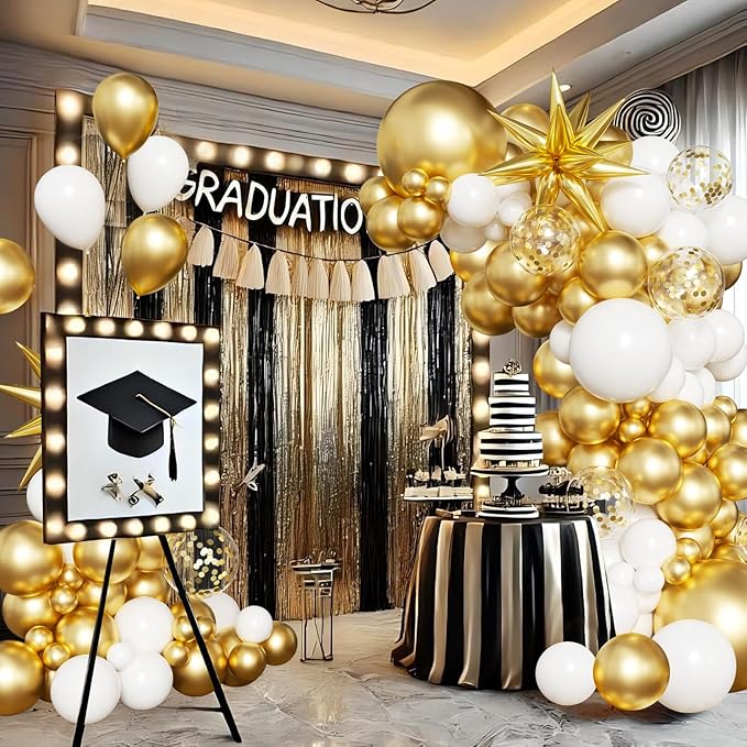 White and Gold Balloon Arch Kit, 130Pcs White and Gold Graduation Decorations with Gold Foil Star Confetti Balloons for College High School Graduation Decorations Class of 2026