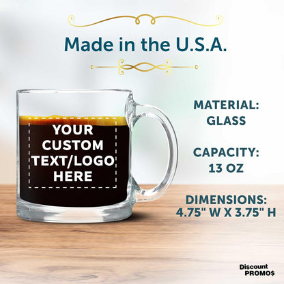 DISCOUNT PROMOS Custom Clear Glass Coffee Mugs 13 oz. Set of 10/50/100, Personalized Bulk Pack - Perfect for Coffee, Tea, Espresso, Hot Cocoa, Other Beverages - Clear Bottom
