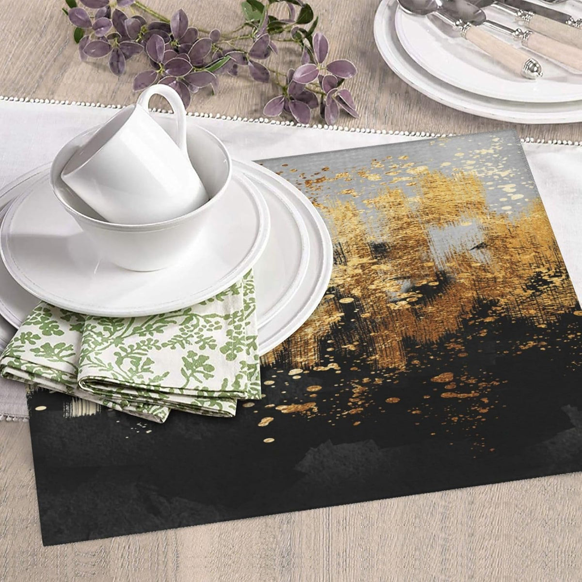 Black Gold Art Splash Dish Drying Mat for Kitchen Counter, Absorbent Microfiber Abstract Modern Drying Pad, 16 x 18 inch, Luxury Decorative Foldable Kitchen Mat for Sink &amp; Coffee Bar, Black Home Decor