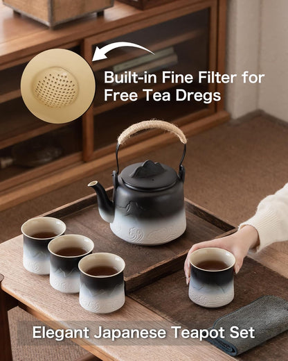 ZENS Vintage Japanese Tea Set, 33.8 oz Gradient Embossed Ceramic Japanese Teapot with Built-in Strainer for Tea Steeper, Hemp Rope Handle Loose Leaf Tea Pot with 4 Cups for Tea Party, Black & White