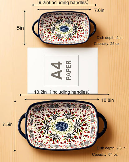 Polish Pottery Style Ceramic Baking Dish Set of 2 – Decorative Casserole Dishes with Handles, Cute Oven-Safe Lasagna Bakeware Gift Set