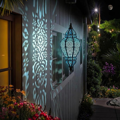Moroccan Hanging Solar Lights Outdoor Lantern Bidirectional Availabili Garden Decor Waterproof Plastic Blue Decorations for Patio Pathway Yard Backyard Solar Powered Garden Decorative (Black, 1)