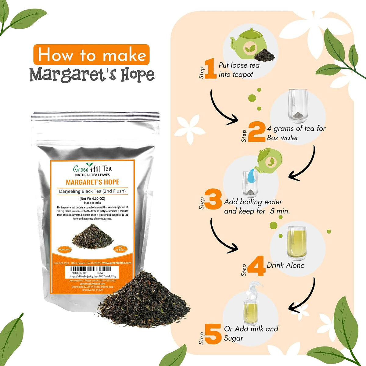 Greenhilltea - Darjeeling Margaret's Hope (TGFOP) Second Flush - Premium Loose Leaves Black Tea From Himalayas- Medium Caffeine-Mellow and aromatic with muscatel notes – 4 OZ. Tea in Foil Bag.
