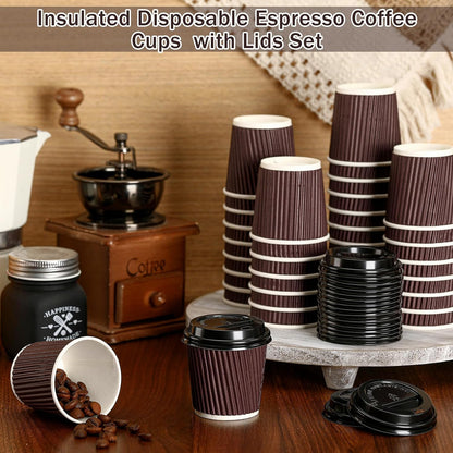 Uiifan 100 Set 4oz Disposable Espresso Cups with Lids Ripple Corrugated Paper Disposable Coffee Insulated Hot Ripple Cups for hot Chocolate, Tea