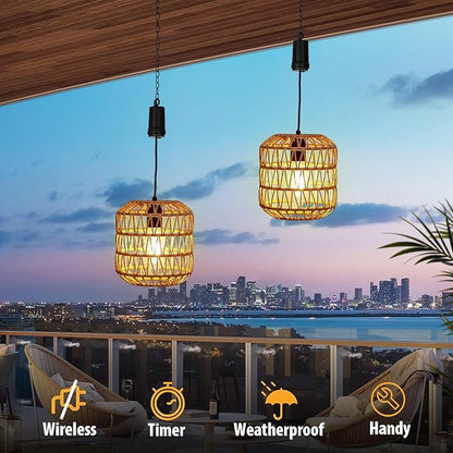 Livinlarge Battery Operated Hanging Pendant Ligh,Battery Outdoor Chandelier,Rattan Light with Warm White Bulb,4*AA Battery Powered for Gazebo Backyard Pergola Porch Patio Outdoor Indoor Decor
