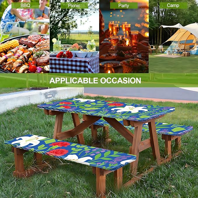 Blue Floral Picnic Table Cover with Bench Covers Set of 3-White Lilies and Red Flowers,Elastic Fitted Tablecloth for 6 Ft Tables, Washable Polyester Cover for Camping, Indoor & Outdoor
