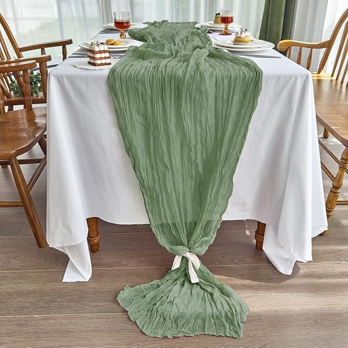 IVAPUPU 2 Pcs Cheesecloth Table Runner - 10ft Sage Green Boho Rustic Gauze Cheese Cloth Table Runner for Baby Shower Decorations Wedding Party Summer Garden Farmhouse Decor