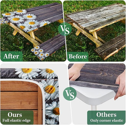 Picnic Table Cover with Bench Covers Elastic Edges, Chamomile Flower Fitted Table Cover, Outdoor Patio Camping Essentials 60 Inch 3PCS, Waterproof Camping Fitted Tablecloth with Drawstring Bag