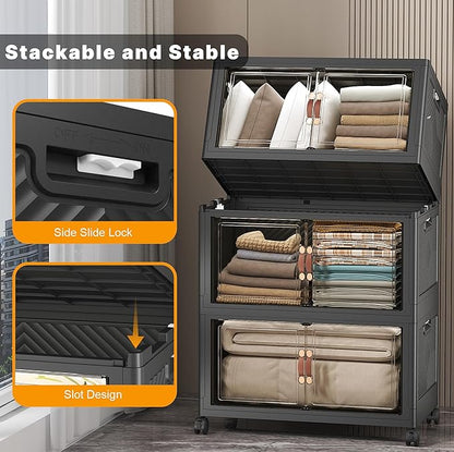 UAMFURI Stackable Storage Bins with Lids & Wheels & Door, Foldable Collapsible Closet Organizers, Extra Large Plastic Storage Drawers for Bedroom Dorm Office Garage (Dark-112QT, 3Pack with 1 top lid)