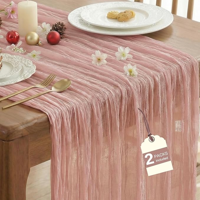 IVAPUPU 2 Pcs Cheesecloth Table Runner - 10ft Dusty Pink Boho Rustic Gauze Cheese Cloth Table Runner for Baby Shower Decorations Wedding Party Spring Garden Farmhouse Mothers Day Decor