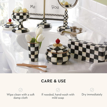 MACKENZIE-CHILDS Enamel Squashed Pot, Black-and-White Courtly Check | Hand-painted design, decorative container with lid, made from enameled steel, 5" dia. x 5.5" H, 20-ounce capacity