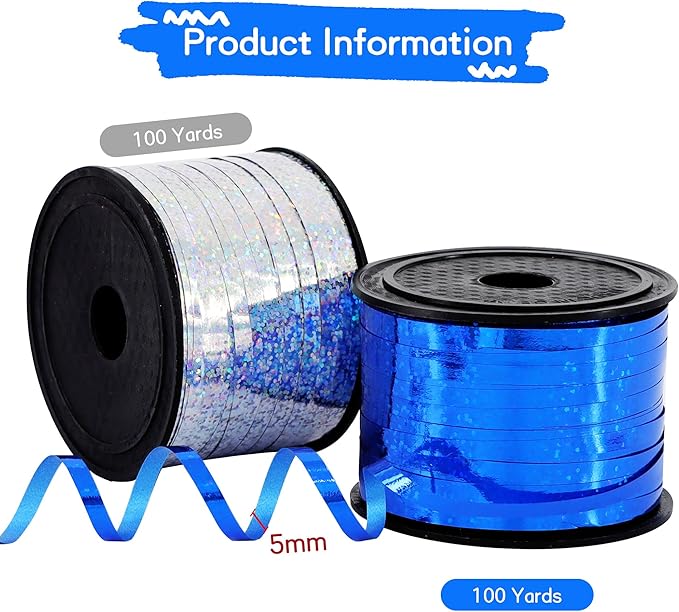BEISHIDA 2 Pack 100 Yards Blue Silver Curling Crimped Glitter Ribbon Balloon String Shiny Metallic for Gift Wrapping Ribbon 2026 Graduation Retirement Men Birthday Party Decoration