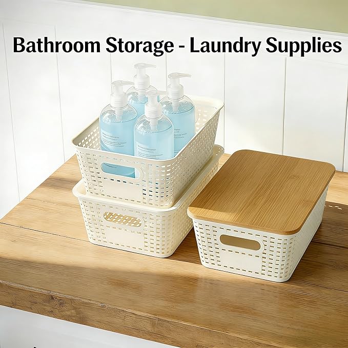 6-Pack Stackable Plastic Woven Storage Baskets with Lids, Hollow Out Weave Bins with Handles + 2 Kraft Labels (WhiteBasket-BambooLid)
