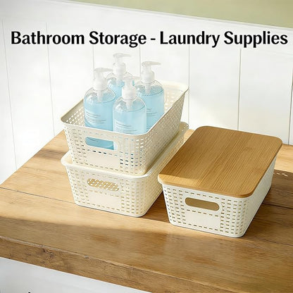 6-Pack Stackable Plastic Woven Storage Baskets with Lids, Hollow Out Weave Bins with Handles + 2 Kraft Labels (WhiteBasket-BambooLid)