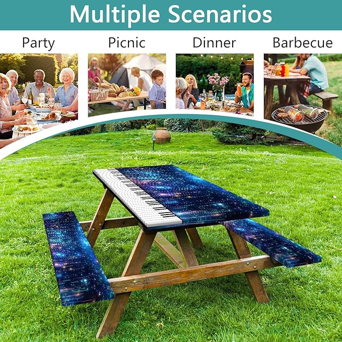 Piano Keyboard Picnic Table Cover with Bench Covers, Camping Essentials, Music Themed Waterproof Windproof, Fitted Tablecloth Cover with Elastic Edge, for Outdoor, Garden, 3 PCS, 30x72 Inch