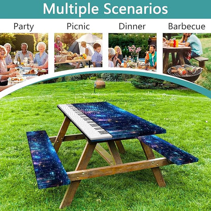 Piano Keyboard Picnic Table Cover with Bench Covers, Camping Essentials, Music Themed Waterproof Windproof, Fitted Tablecloth Cover with Elastic Edge, for Outdoor, Garden, 3 PCS, 30x72 Inch