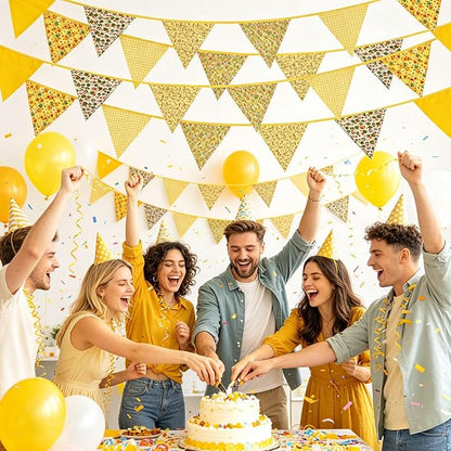 Zwiebeco 32Ft Yellow Fabric Floral Pennant Banner Bunting Cotton Flowers Triangle Flags Party Decorations for Birthday Wedding Engagement Bridal Baby Shower Rustic Village Sweet Home Garden Décor