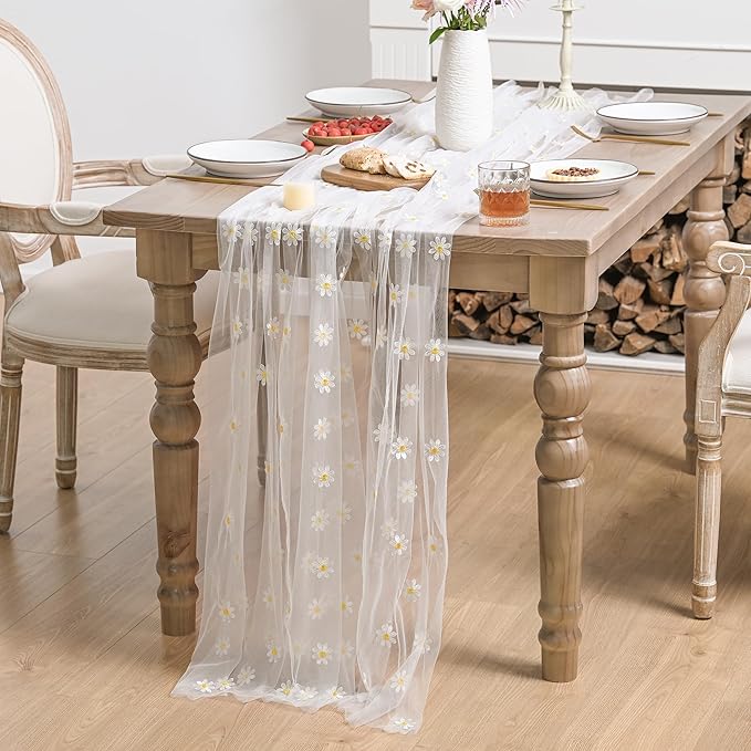 Horaldaily White Embroidery Daisy Spring Summer Gauze Tablecloth 52×70 Inch Rectangular, Seasonal Tulle Table Cover, Garden Party Decorations for Wedding, Party, Holiday Dining