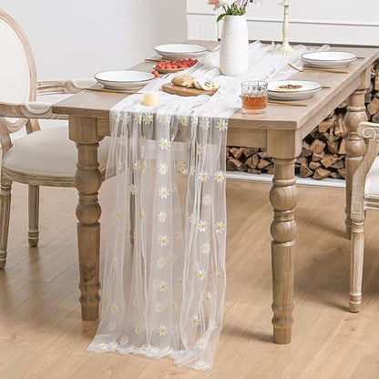 Horaldaily White Embroidery Daisy Spring Summer Gauze Tablecloth 52×70 Inch Rectangular, Seasonal Tulle Table Cover, Garden Party Decorations for Wedding, Party, Holiday Dining