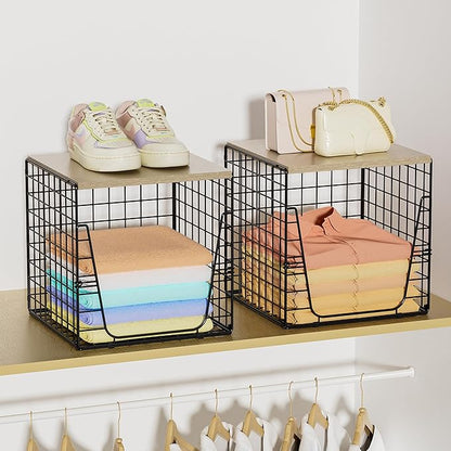 SWTYMIKI 2PCS Closet Organizers and Storage - Stackable Closet Basket with Wood Top Shelf, Clothes Storage Shelves, Clothes Drawer Bins for Wardrobe, Bedroom, Entryway, Black