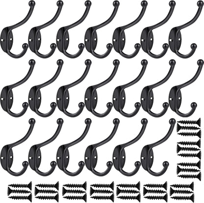 ZEYU 20Pcs Wall Hooks, Coat Hooks Hardware Heavy Duty Hooks for Hanging Coats Double No Rust Black Hook Wall Mounted with Screws for Key, Towel, Bags, Cup, Hat