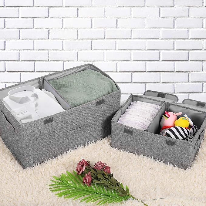 2 Pack Large Storage Boxes with Lids and Handles, Collapsible Linen Storage Bins Organizer Containers Baskets Cube with Removable Divider for Home Bedroom Closet Office (Coffee, Large)